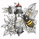 lighthouse and bumblebee flying tattoo design idea