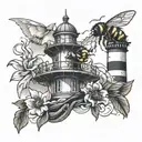 lighthouse and bumblebee flying tattoo design idea