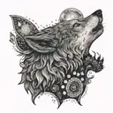 A wolf howling at the moon while playing poker with a crow tattoo design idea