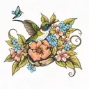 humming bird and forget me not flowers with rock  tattoo design idea
