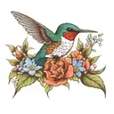 humming bird and forget me not flowers with rock  tattoo design idea