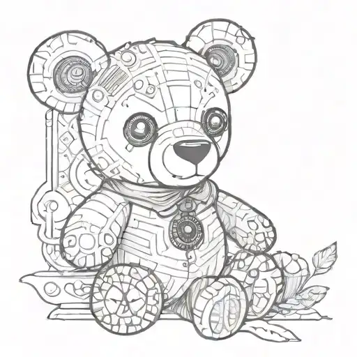 Voodoo teddy bear, with black button eyes, tarot cards around him, the line drawing is done in black and white line art tattoo design idea