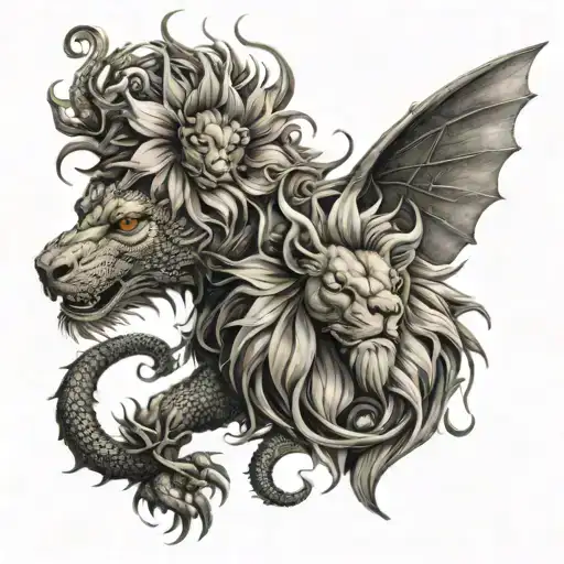 dragon lion sun flowers tattoo design idea