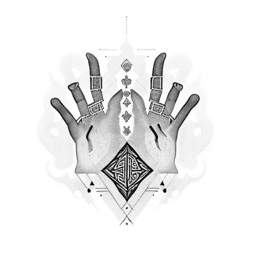 A blackwork tattoo of a praying hand with a Roman numeral clock surrounded by intricate geometric patterns tattoo design idea