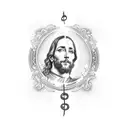 A stack of money with music notes flowing out and Jesus' silhouette in the background tattoo design idea