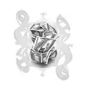 A stack of money with music notes flowing out and Jesus' silhouette in the background tattoo design idea