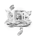 A stack of money with music notes flowing out and Jesus' silhouette in the background tattoo design idea