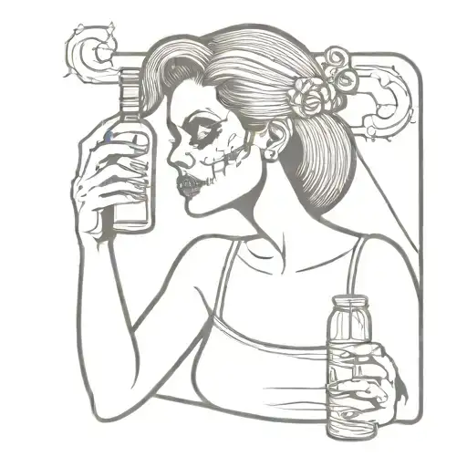 old school style minimalist tattoo of female skull with Black Power hair holding a bottle of wine tattoo design idea