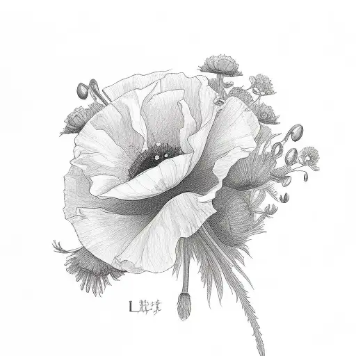 poppy, prime rose and larkspur bouquet tattoo design idea