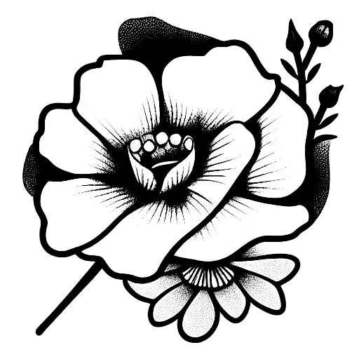 bouquet with poppy, prime rose and larkspur tattoo design idea