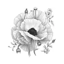 poppy, prime rose and larkspur bouquet tattoo design idea