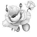 poppy, prime rose and larkspur bouquet tattoo design idea