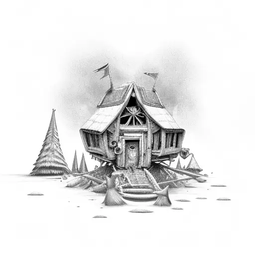 Baba Yaga Hut with legs and eyes tattoo design idea