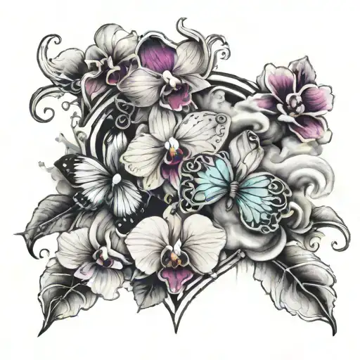 orchid, butterfly perched, joint surrounded by smoke clouds, heart tattoo design idea