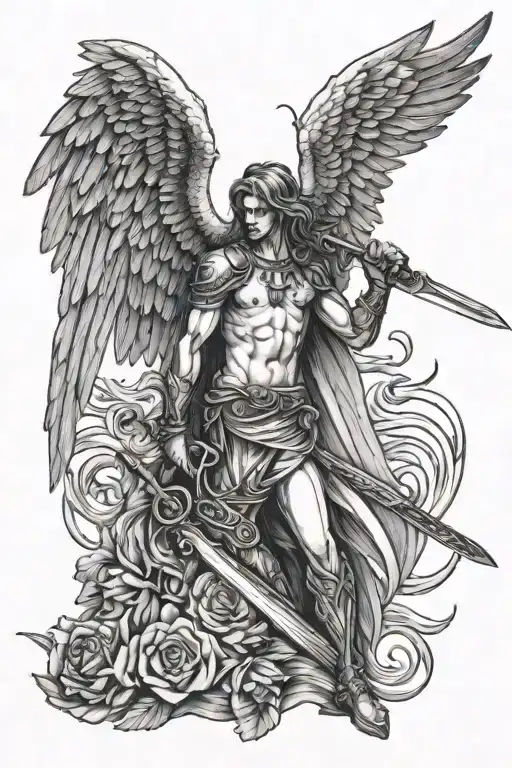 Fallen angel holding a sword to kill phoenix   tattoo design idea