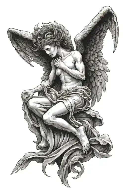 a fallen angel wings spread and gulty looking up   for a mercy from the lord tattoo design idea