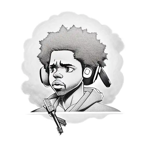 A realistic portrait of Huey Freeman from the Boondocks with headphones on, representing the client's love for both the show and music tattoo design idea