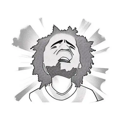 A new-school style tattoo of J. Cole's face merged with the Boondocks characters, showcasing his love for both music and the show tattoo design idea