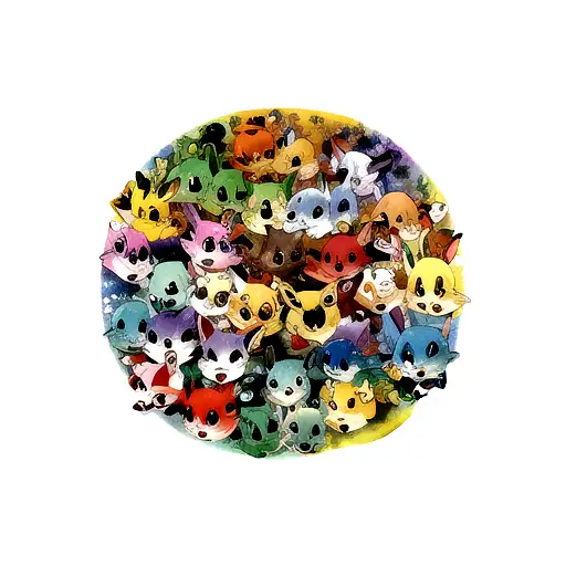 watercolor Pokémon tattoo including pikachu, charmander, squirtle, and bulbasaur surrounding a pokeball tattoo design idea