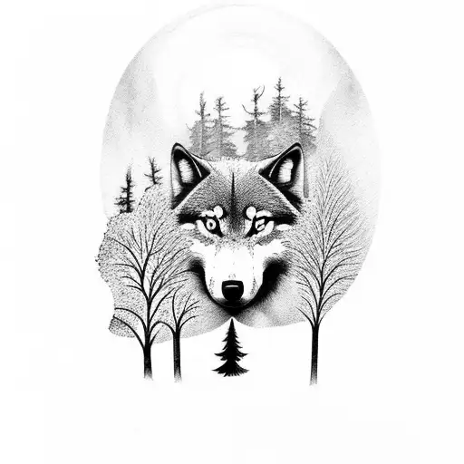 A forest landscape with a wolf-shaped shadow tattoo design idea