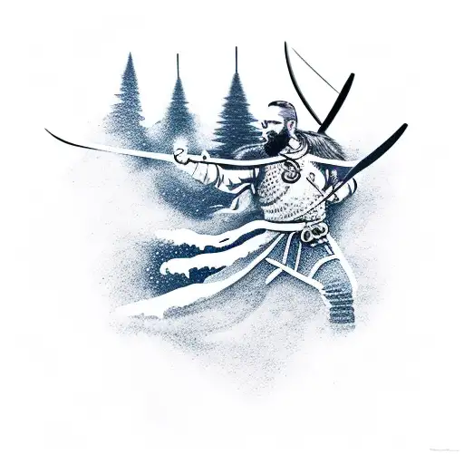 A silhouette of a Viking warrior hiking up a mountain with the Northern Lights overhead tattoo design idea