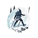 A silhouette of a Viking warrior hiking up a mountain with the Northern Lights overhead tattoo design idea