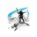 A silhouette of a Viking warrior hiking up a mountain with the Northern Lights overhead tattoo design idea