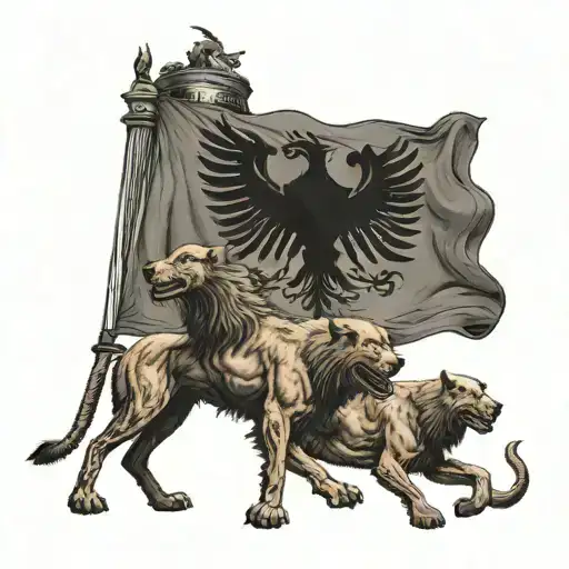 Albanian flag with hell hounds sitting and guarding the entrance to hell from heaven  tattoo design idea