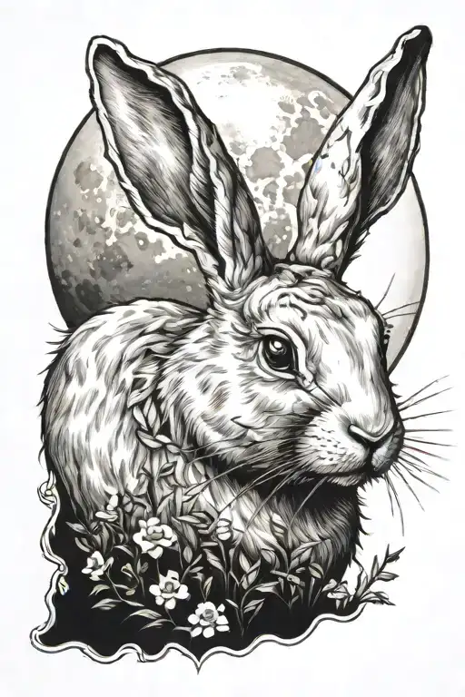 submissive white rabbit looking up at the moon tattoo design idea