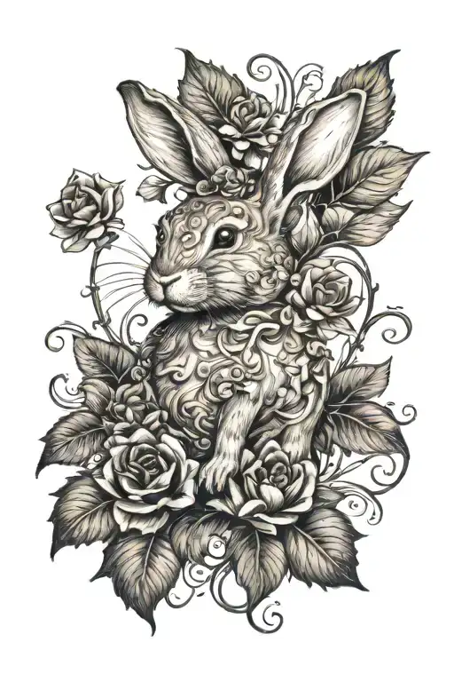 whimsical flowers and vines, submissive rabbit with adhd brain tattoo design idea