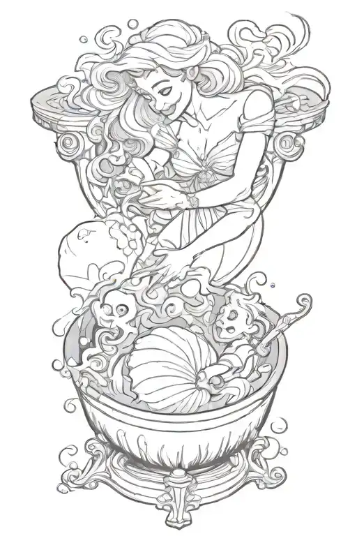 Ursula grabbing glowing sea shell over cauldron while Ariel grabs her own throat and voice ball floats to sea shell tattoo design idea