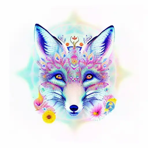 spiritual background large fox face vibrant dimension with flowers and mushrooms and berries tattoo design idea