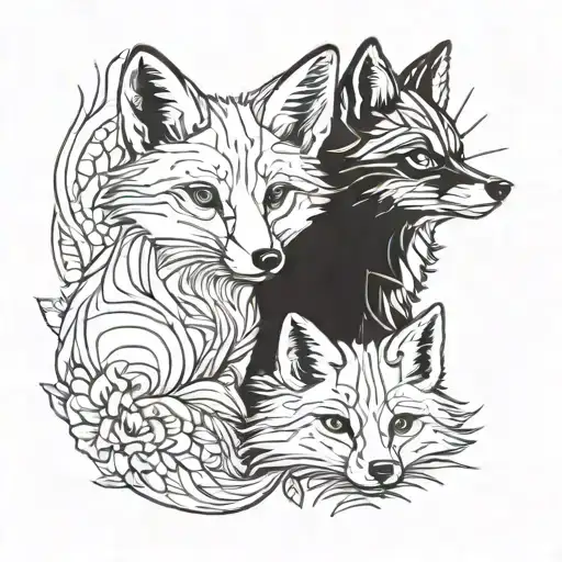 baby fox and wolve shaped line outlining tattoo design idea