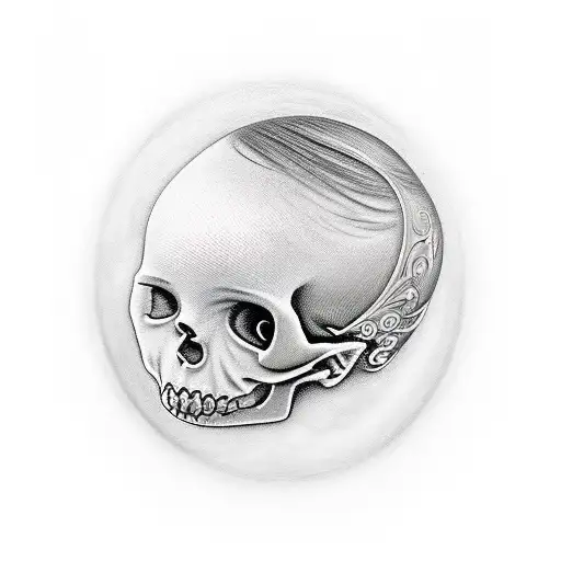 A realistic portrait of your baby girl holding a metal skull with the name Eliz incorporated into the design tattoo design idea