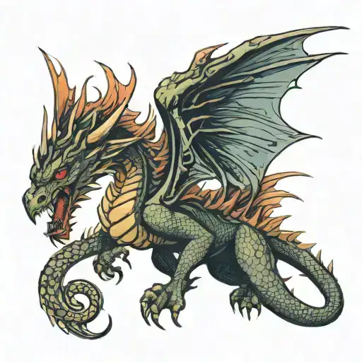 Dragon seen from the front with open wings Half-phoenix dragon Realistic and imposing Angry and determined dragon tattoo design idea