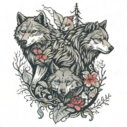 wolves and bears in a mystic forest but they are corrupted  tattoo design idea