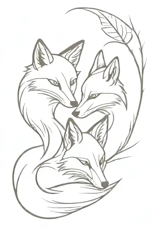 2 fox spirits facing different directions and interlocking their tails. Add different botanical elements to it. tattoo design idea
