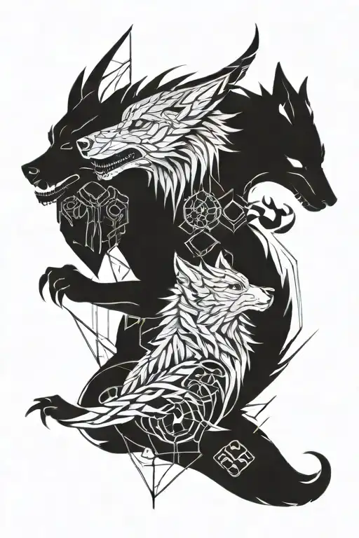 wolf surrounded ninja and dragon tattoo design idea