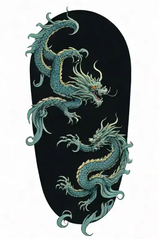 a chinese dragon flying with 117 scales surrounded with wave  tattoo design idea