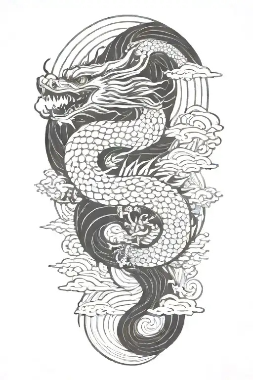 a japanese dragon flying with wave pattern background symbolizing tattoo design idea