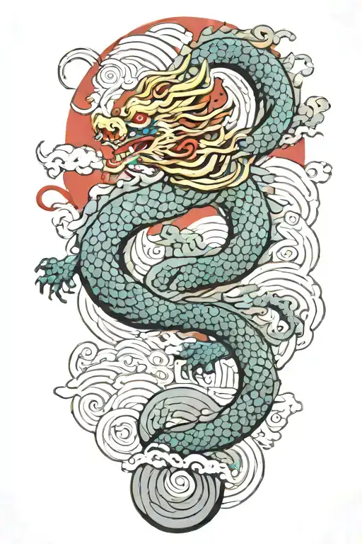 a japanese dragon flying with wave pattern background symbolizing tattoo design idea