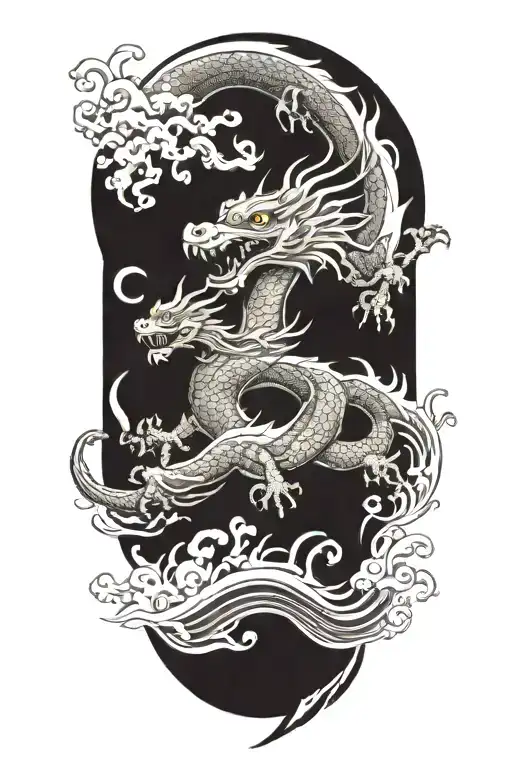 a japanese dragon flying with wave pattern background symbolizing tattoo design idea