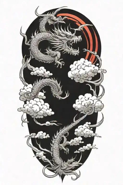 a japanese dragon flying with cloud background tattoo design idea