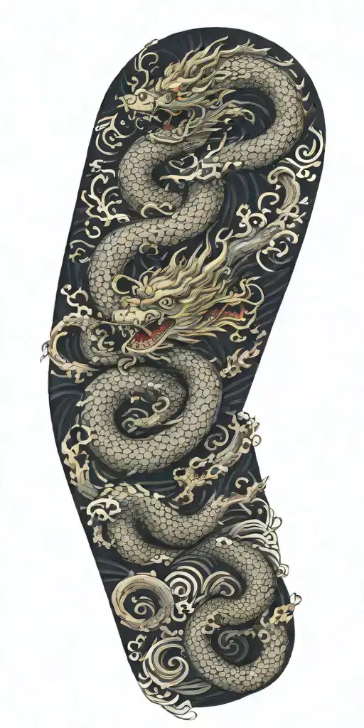 a chinese dragon flying with 117 scales surrounded with wave  tattoo design idea