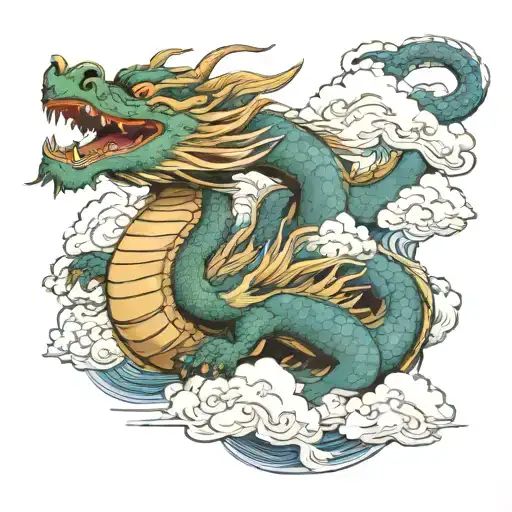 a japanese  dragon flying with cloud background tattoo design idea