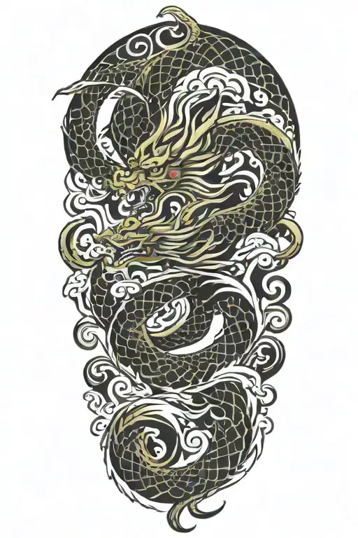 a japanese dragon flying with wave pattern background symbolizing tattoo design idea