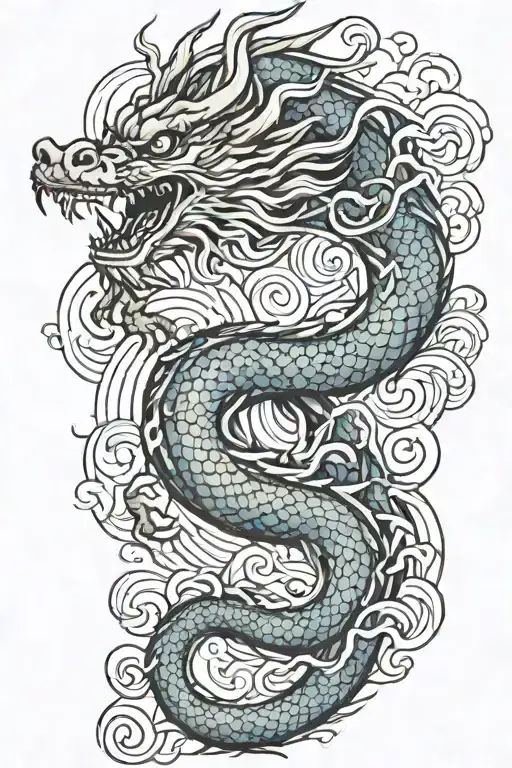 a japanese dragon flying with wave pattern background symbolizing tattoo design idea