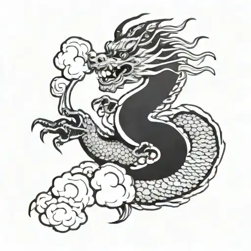 a japanese  dragon flying with cloud background tattoo design idea