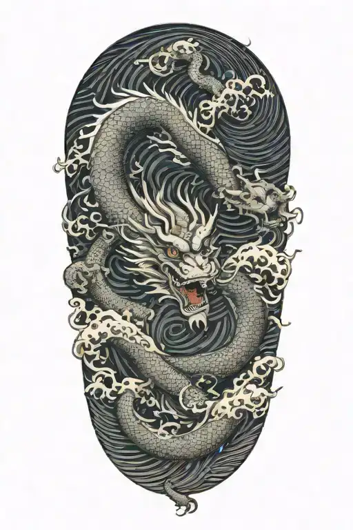 a chinese dragon flying with 117 scales surrounded with wave  tattoo design idea