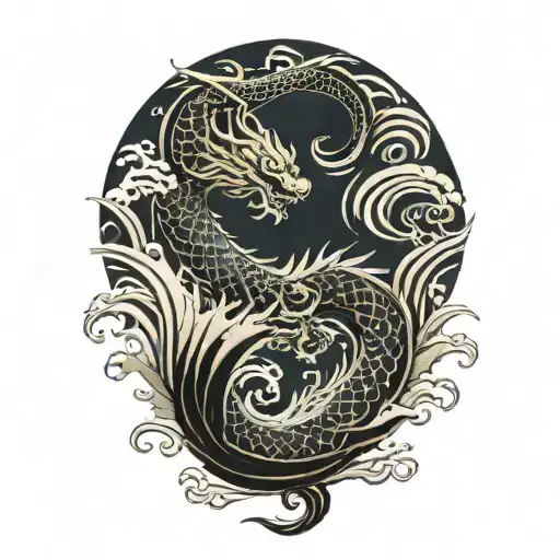 A Japanese Dragon Flying With Wave Pattern Background tattoo design idea